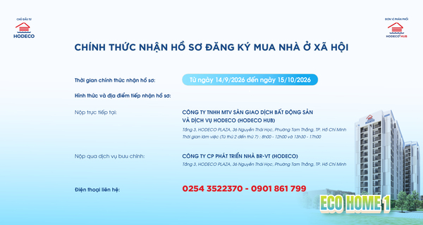 HODECO chính thức công bố tiếp nhận hồ sơ đăng ký mua căn hộ nhà ở xã hội Eco Home 1